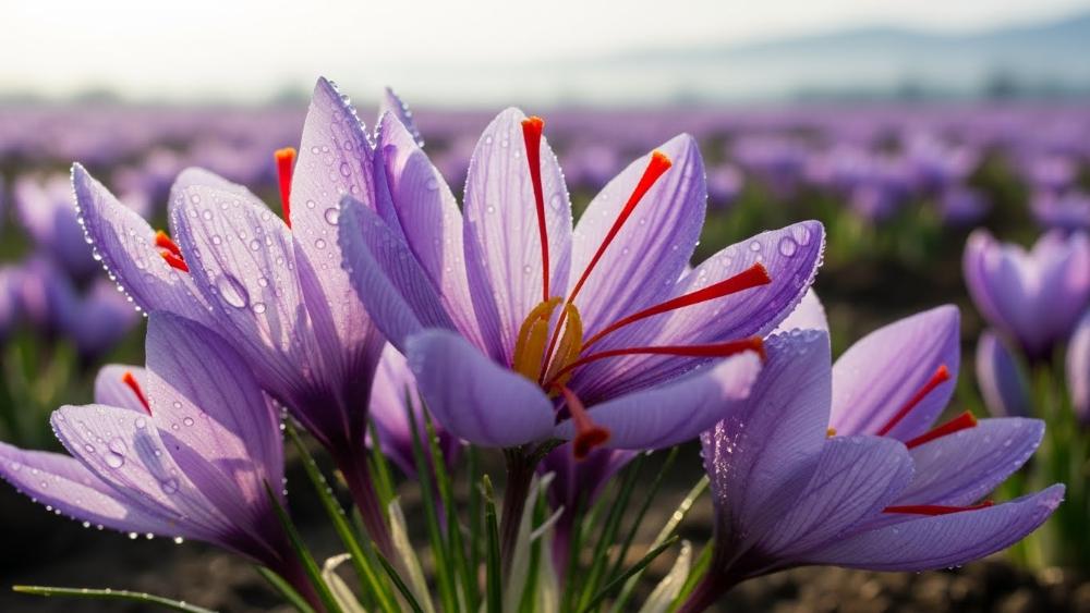 نمای نزدیک از گل‌های شکفته زعفران در مزرعه، نور طبیعی صبحگاهی، گلبرگ‌های بنفش و کلاله‌های قرمز
