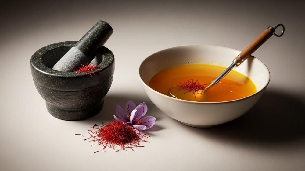 Saffron threads, mortar and pestle, and a bowl of saffron-infused golden broth, elegant culinary composition, soft studio lighting