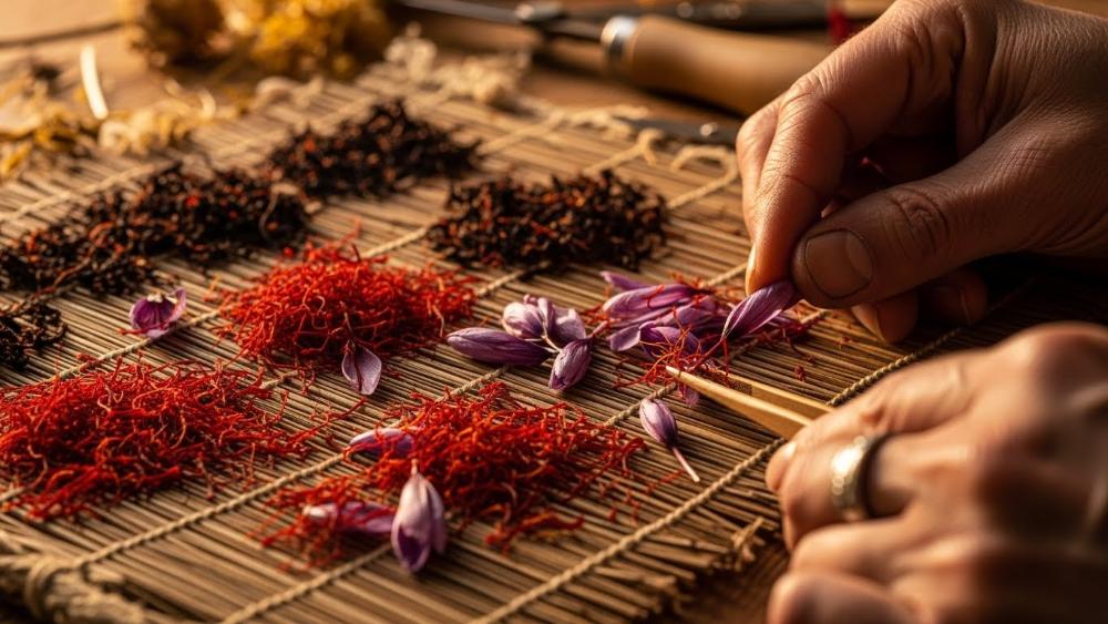 تصویر با جزئیات بالا از کلاله‌های زعفران در حال خشک شدن و فرآوری