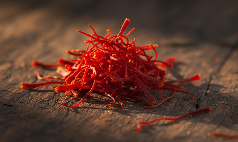 Step-by-step visual: a small white cup with saffron threads soaking in warm water, soft steam rising, vibrant red threads gradually releasing golden color, clean minimal kitchen background, cinematic lighting.