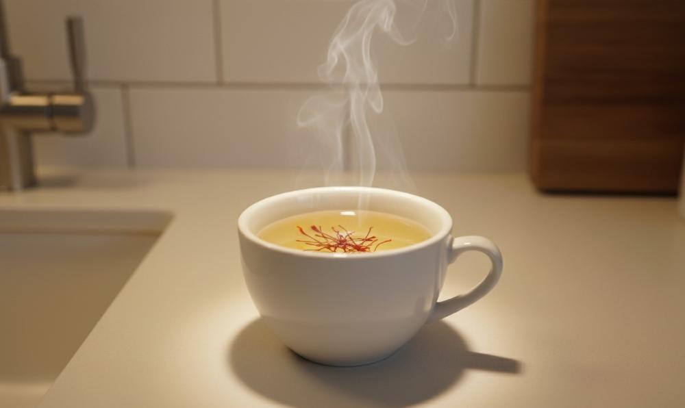 a small white cup with saffron threads soaking in warm water