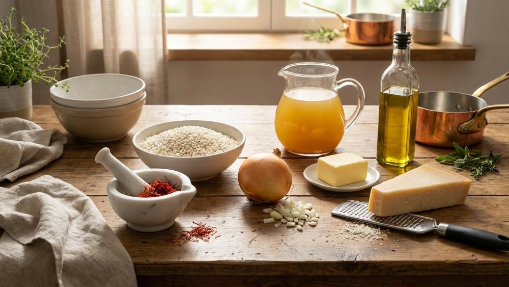 Saffron risotto ingredients arranged on an Italian kitchen table: Carnaroli rice, saffron threads, onion, butter, Parmigiano Reggiano cheese, hot vegetable broth, extra virgin olive oil, natural light, elegant rustic style, professional food photography, high definition