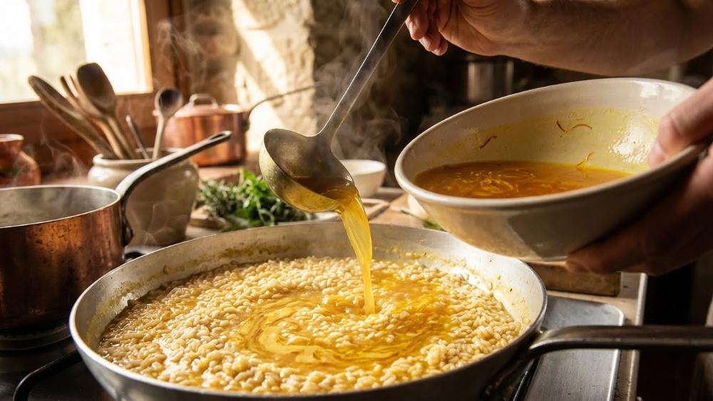 Close-up of saffron threads infused in warm broth being poured into risotto, rich golden hues spreading through the rice, cooking process, rustic Italian kitchen atmosphere, cinematic lighting, ultra-detailed, professional food photography