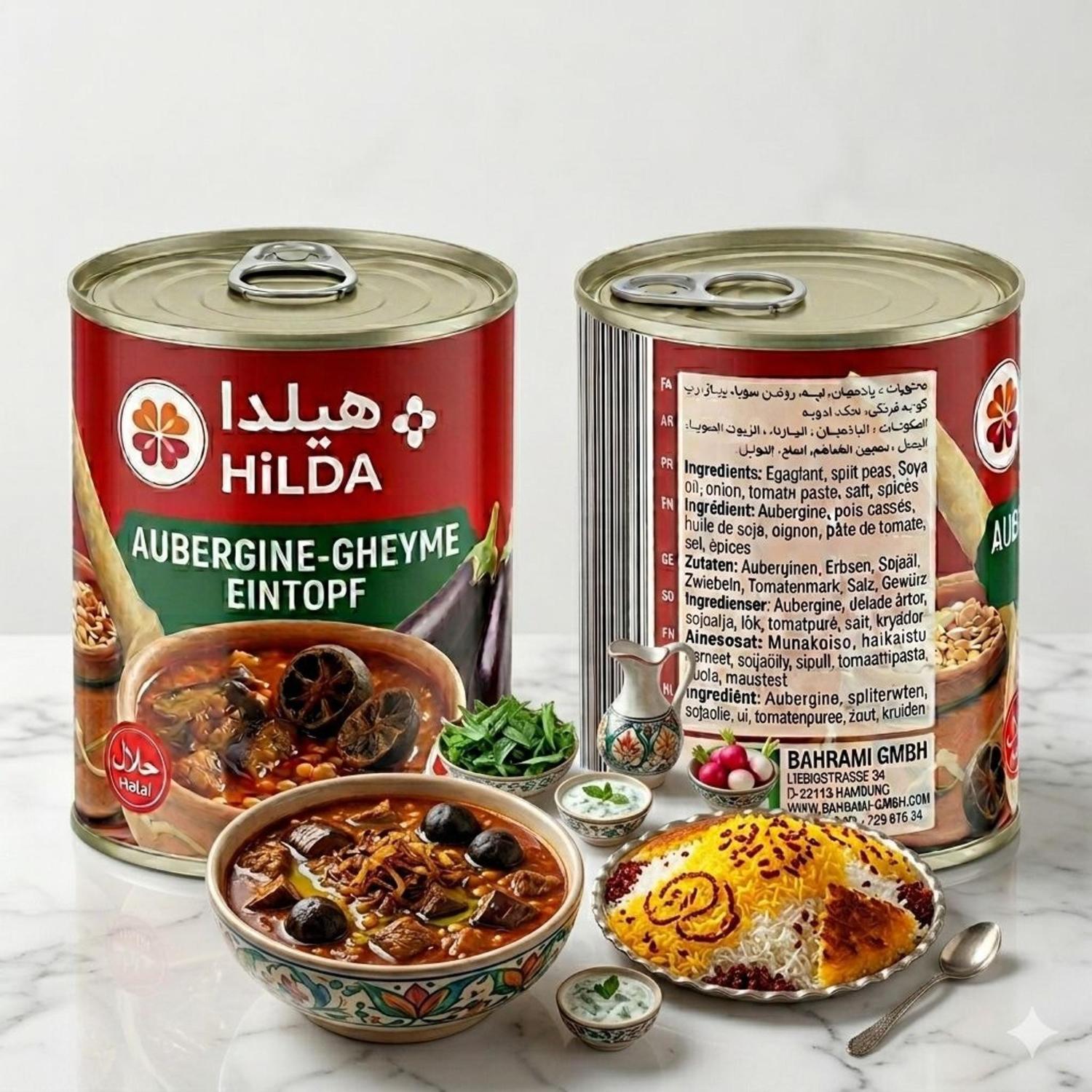 کنسرو خورشت قیمه بادمجان هیلدا بدون گوشت 450 گرم